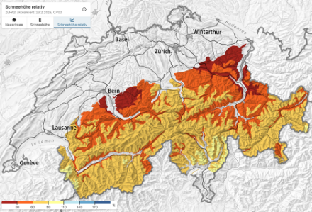 Fast im gesamten Schweizer Alpenraum sind die Schneehöhen mittlerweile unterdurchschnittlich, vor allem in Teilen des Alpennordhangs und in Nordbünden sogar deutlich unter der Norm 1991 bis 2020. 