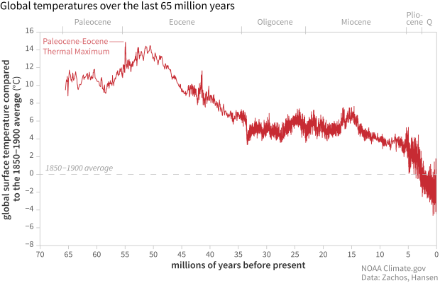Entwicklung der Erdoberflächentemperatur in den vergangenen 70 Millionen Jahren, globales Mittel. 