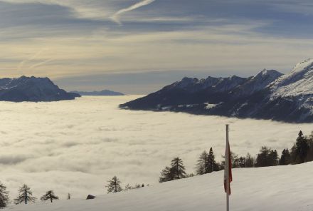 Blick von einer Alp auf tiefe Lagen, die mit Hochnebel gefüllt sind.