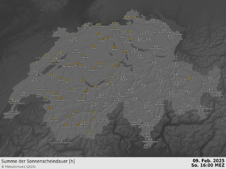 Sonnenscheindauer in der Schweiz heute, den 09. Februar 2025, bis um 16 Uhr.