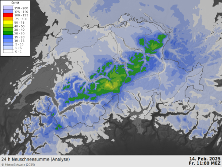 Geschätzte 24-stündige Neuschneehöhe [cm] aufgrund von Radarinformationen sowie Temperatur- und Niederschlagsmessungen am 14. Februar 2025 um 11 Uhr.