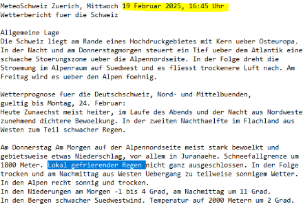 Wetterbericht vom 19. Februar 2025, Abendausgabe.