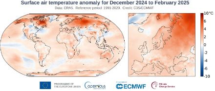 Welt- und uropakarte zur Temperaturverteilung im borealen Winter 2024/25.
