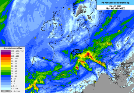 Niederschlag nach dem IFS-Modell bis Montag, 17.03.2025 um 1:00 Uhr. Quelle: MeteoSchweiz