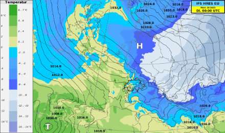 Temperatur auf 850 hPa und Luftdruck auf Meereshöhe in Europa in der Nacht auf Dienstag gemäss dem Wettermodell IFS.