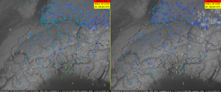 Tiefsttemperaturen auf 2 Metern Höhe (links) und auf 5 cm Höhe (rechts) am Dienstagmorgen. 