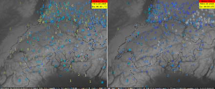 Tiefsttemperaturen auf 2 Metern Höhe (links) und auf 5 cm Höhe (rechts) am Donnerstagmorgen.