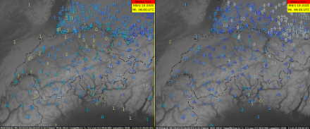Tiefsttemperaturen auf 2 Metern Höhe (links) und auf 5 cm Höhe (rechts) am Mittwochmorgen. 
