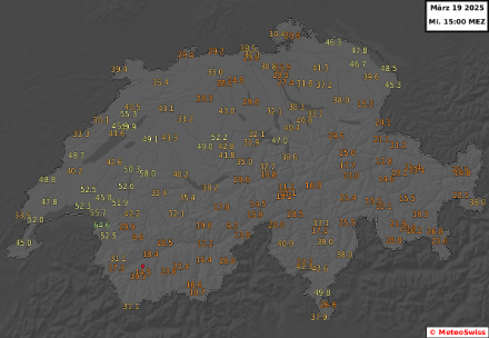 Sehr trockene Luft mit zum Teil aussergewöhnlich tiefer relativer Luftfeuchtigkeit (in %) am Mittwoch, 19.03.2025. Quelle: MeteoSchweiz