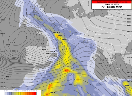 Prognose der optischen Aerosoltiefe (AOD) bzw. der optischen Aerosoldicke (AOT) der in der Luft enthaltenen Staubpartikel für den Freitag, 21.03.2025 um 16:00 Uhr. Quelle: CAMS, MeteoSchweiz