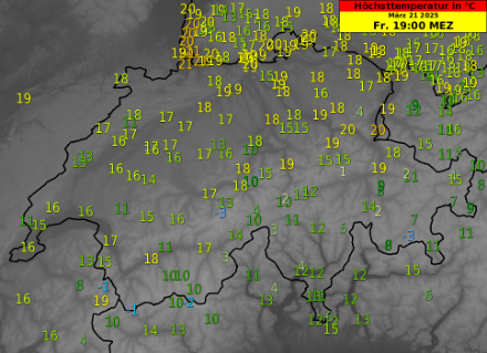 MOSMIX-Prognose für die Höchsttemperatur am Freitag, 21.03.2025. Quelle: MeteoSchweiz