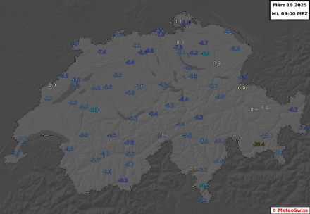 Tiefsttemperatur (°C) 5 cm über Boden gemessen in der Nacht auf Mittwoch, 19.03.2025. Quelle: MeteoSchweiz