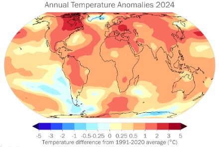 Weltkarte zur Temperaturverteilung im Jahr 2024