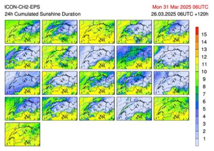 24-stündige Sonnenscheindauer von Sonntag 06 UTC bis Montag 06 UTC für alle Mitglieder des ICON-CH2-EPS Modelles.