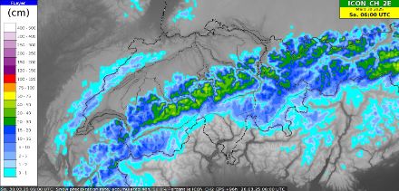 Vorhergesagte Neuschneemengen von Freitag 06 UTC bis Sonntag 06 UTC, berechnet vom ICON-CH2-EPS-Modell. Dargestellt ist der Median aller Ensemble-Mitglieder.