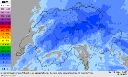 24-stündiger Niederschlag bis Samstag, 29.03.2025, 13:00 Uhr. Quelle: MeteoSchweiz