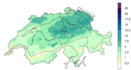 Mittlere tägliche Niederschlagsmenge (in mm) aller zyklonalen Ostlagen im Frühling in der Zeitperiode 1961-2010. Quelle: MeteoSchweiz