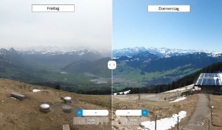 Vergleich der Webcambilder des Wildspitz von heute Freitag  (links) und gestern Donnerstag (rechts), Blick Richtung Süden. Die Sichttrübung links im Bild ist deutlich zu erkennen. Dies trotz Föhn, welcher normalerweise für gute Fernsicht sorgt.