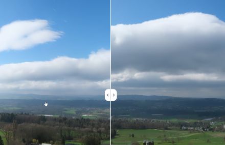 Abbildung 2: Flache Quellbewölkung in Bellikon um 10.30 Uhr und 12.20 Uhr. Gut erkennbar wie sich die Bewölkung um die Mittagszeit erneut ausbreitete.