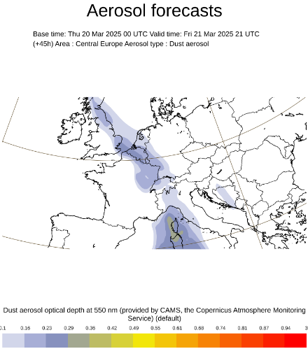 Optische Dichte des Staubanteils in der Atmosphäre. CAMS 45-Stunden Prognose für Freitagabend, 21. März 2025, 21 UTC. 