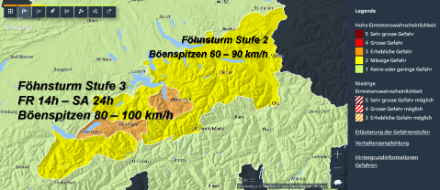 Föhnwarnungen für den Alpennordhang, ausgegeben am Donnerstag, 20. März 2025 um 11 Uhr. 