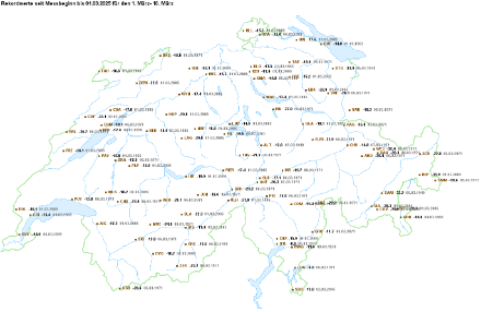 Bisherige Tiefsttemperaturen an diversen Stationen in der Schweiz seit Messbeginn in der ersten Dekade des Monats März.