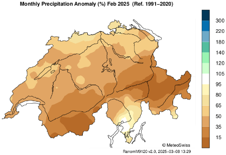 Niederschlagsabweichung (in %) im Februar 2025 im Vergleich zur Klimareferenzperiode 1991-2020.