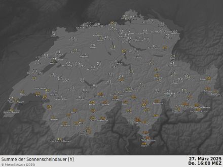 Abbildung 3: Gemessene Sonnenscheindauer bis Redaktionsschluss 16 Uhr. 