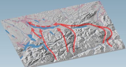 Darstellung der verschiedenen Föhnströmungen, welche den Zürichsee je nach Wettersituation erreichen können.