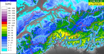 Vorhersage der aufsummierten Neuschneemengen über 3 Tage bis Sonntag 00 UTC vorm Wettermodell ICON-CH2E.