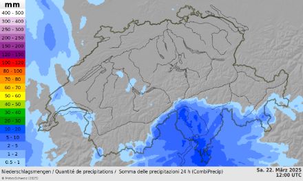 Schweizerkarte mit Regensumme der vergangenen 24 Stunden mit Niederschlag auf der Alpensüdseite und lokal im Westen. 