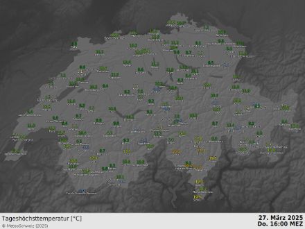 Abbildung 4: Gemessene Tageshöchstwerte bis Redaktionsschluss um 16 Uhr.
