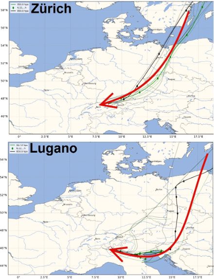 Vergleich der Trajektorien mit Ankunft in Zürich bzw. in Lugano. Während die Luft mehr oder weniger direkt aus Nordosten in Zürich ankommt, stammt die Luft, die Lugano erreicht, aus östlicheren Regionen und macht zudem einen Bogen um die Alpen. Sie fliesst somit aus Südosten bora-artig ins Südtessin.