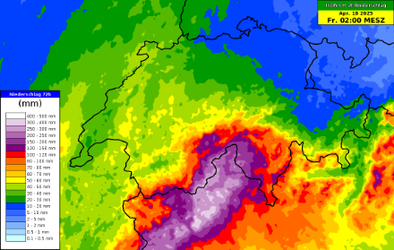 Prognose der 72-stündigen Niederschlagssumme (Median ICON-CH2 Ensemble) bis Freitag, 18.04.2025 um 02:00 Uhr. Quelle: MeteoSchweiz