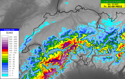 Prognose der 72-stündigen Neuschneesumme (Median ICON-CH2 Ensemble) bis Freitag, 18.04.2025 um 02:00 Uhr. Quelle: MeteoSchweiz