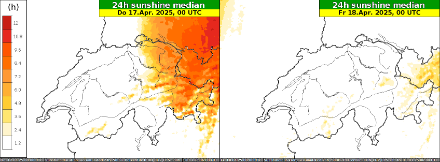 Prognose der Sonnenscheindauer (Median ICON-CH2 Ensemble) für den Mittwoch, 16.04.2025 (links) und Donnerstag, 17.04.2025 (rechts). Quelle: MeteoSchweiz