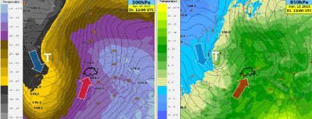 Temperatur (Farben) und Geopotentielle Höhe (Linien) auf 500 hPa (links), Temperatur (Farben) und Geopotentielle Höhe (Linien) auf 850 hPa (rechts). 