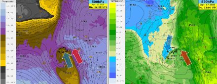 Temperatur (Farben) und Geopotentielle Höhe (Linien) auf 500 hPa (links), Temperatur (Farben) und Geopotentielle Höhe (Linien) auf 850 hPa (rechts). 