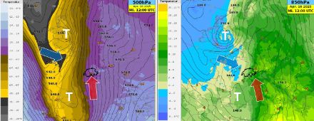   Temperatur (Farben) und Geopotentielle Höhe (Linien) auf 500 hPa (links), Temperatur (Farben) und Geopotentielle Höhe (Linien) auf 850 hPa (rechts). 
