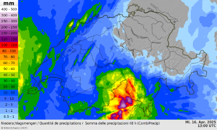 Bis heute 16. April um 15 Uhr gemessene Niederschlagsmenge laut CombiPrecip, das Radar- und Stationsmessungen vereint. (MeteoSchweiz)