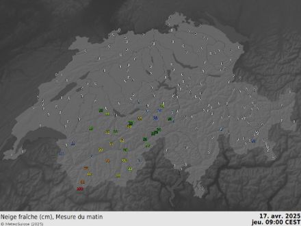 Abbildung 4b. Gemessene Neuschneehöhen am Donnerstagmorgen 17. April 2025.