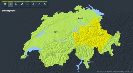 Abbildung 5: Gefahrenkarte MeteoSchweiz mit Schneewarnung Stufe 2 Ostschweiz und Nord- und Mittelbünden oberhalb 1800 Meter von Mittwoch 15 Uhr bis Donnerstag 03 Uhr.