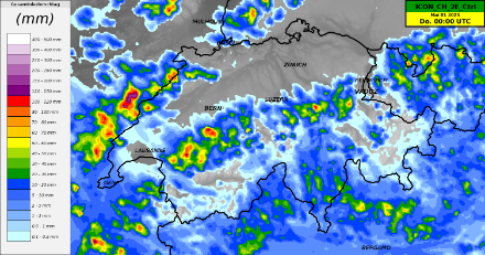 Niederschlagssumme von unserem Wettermodell ICON-CH2-EPS bis und mit nächsten Mittwoch, 30. April 2025. Die Niederschläge konzentrieren sich auf der Alpennordseite hauptsächlich über der Topografie, im Flachland der Deutschschweiz sind praktisch keine Niederschläge zu erwarten. Auch wenn die Gesamtsumme wahrscheinlich überschätzt wird, so sind punktuell doch teils stärkere Schauer, mitunter auch Gewitter möglich.