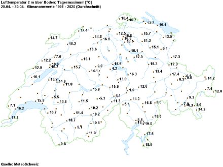 Durchschnittliche Tageshöchsttemperatur für Ende April (Mittel der Tage 20. bis 30. April, gemäss Klimanorm 1991-2020).