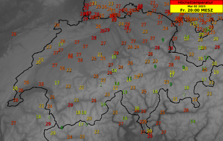 MOS Prognose der Höchsttemperatur in Grad Celsius für den Freitag, 02.05.2025. Quelle: MeteoSchweiz
