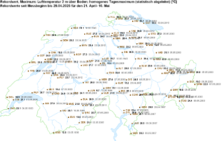 Rekordwerte seit Messbeginn für die Lufttemperatur 2 m über Boden in der letzten April- und ersten Maidekade (21.04. bis 10.05.). Quelle: MeteoSchweiz