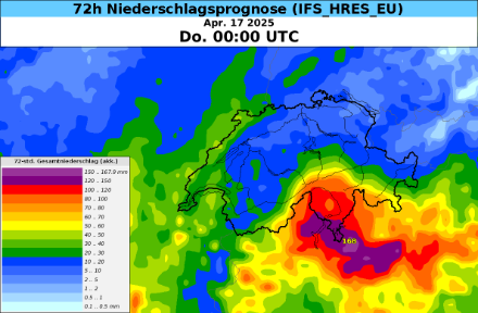 72h Niederschlagsprognose von Montag bis Donnerstag 00 UTC. Im Westen und insbesondere auf der Alpensüdseite kommen teils grössere Niederschlagsmengen zusammen.