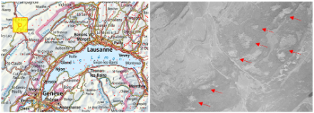 Luftbild von 1946. Gut zu sehen sind die Waldschäden durch den Sturm vom 15. Januar 1946 in der Gegend St-Laurent en Grandvaux (siehe rote Pfeile im rechten Bild).