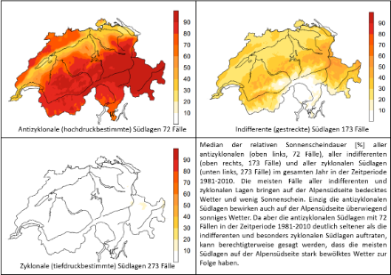 Relative Sonnenscheindauer [%] bei Südlagen in den Jahren 1981-2010. Erklärungen in der Graphik.