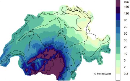 Schweizer Karte der Eintages-Summen des Niederschlags vom 16. auf den 17. April 2025.